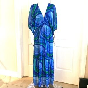 TAYLOR Blue & Green Boho Chiffon V- Neck Smocked Empire Waist Maxi Ruffle Hem